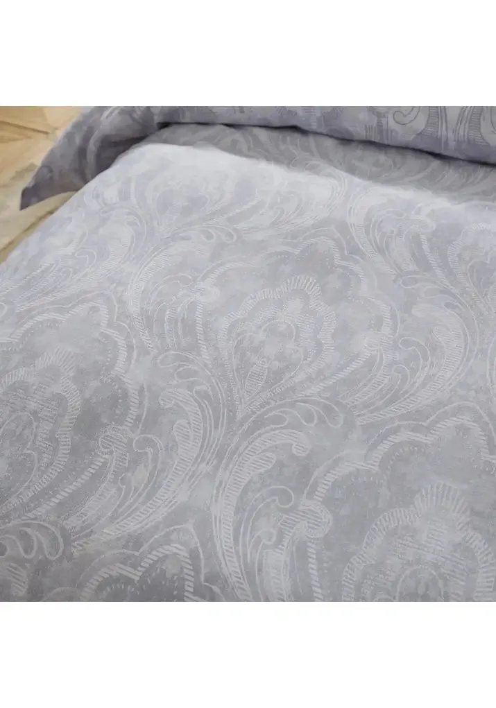 300 Thread Count Pure Cotton Sateen Aurelia Damask Duvet Cover - Grey/White