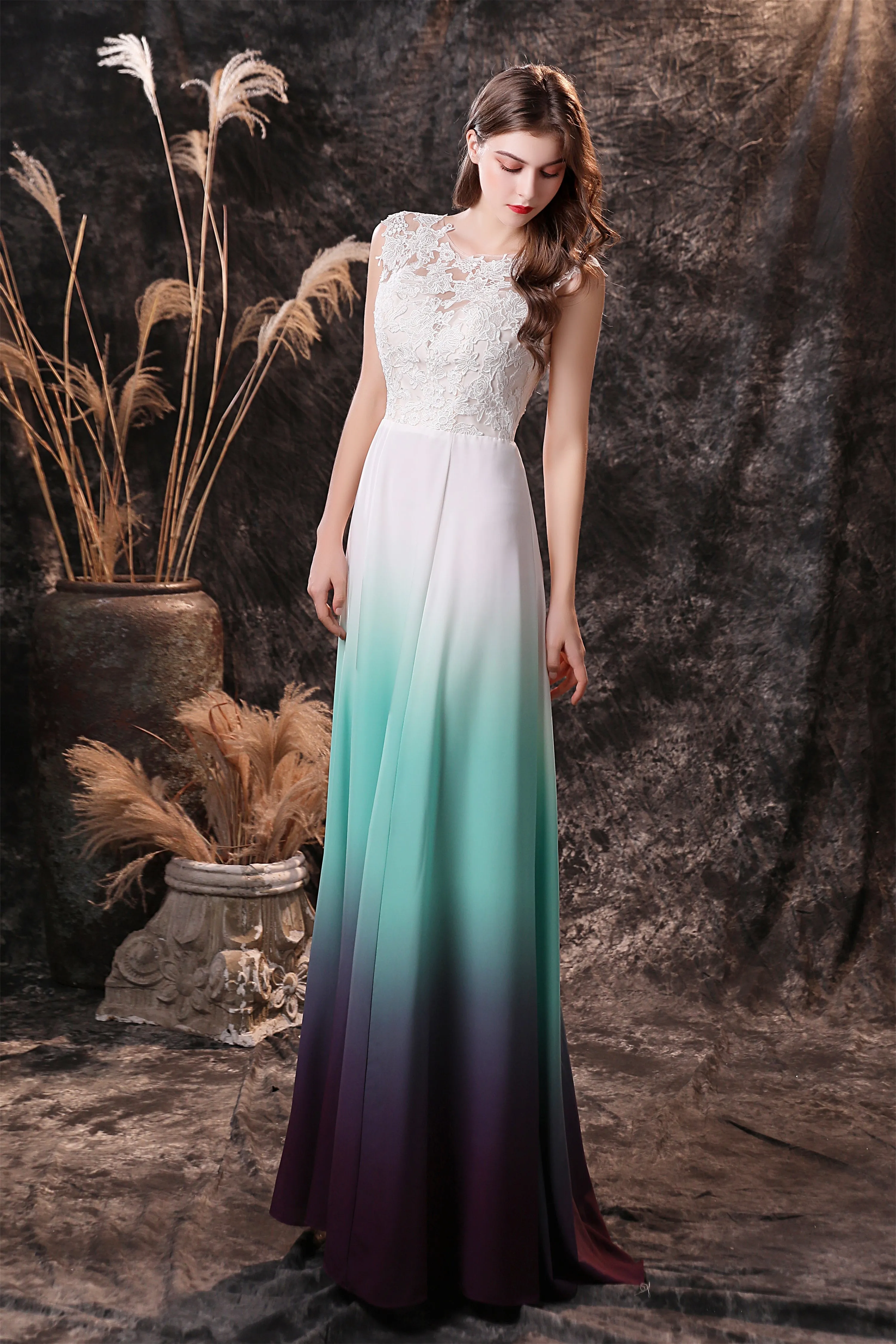 A Line Sleeveless Appliques Ombre Silk Like Satin Floor Length Prom Dresses