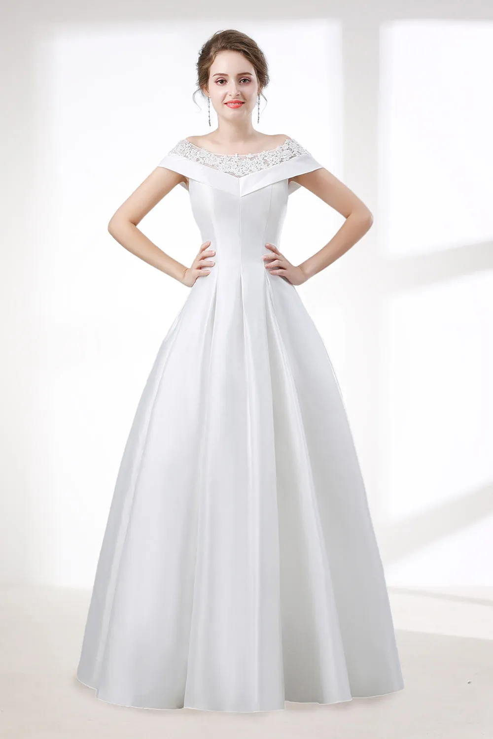 A-Line White Satin Lace Off The Shoulder Wedding Dresses