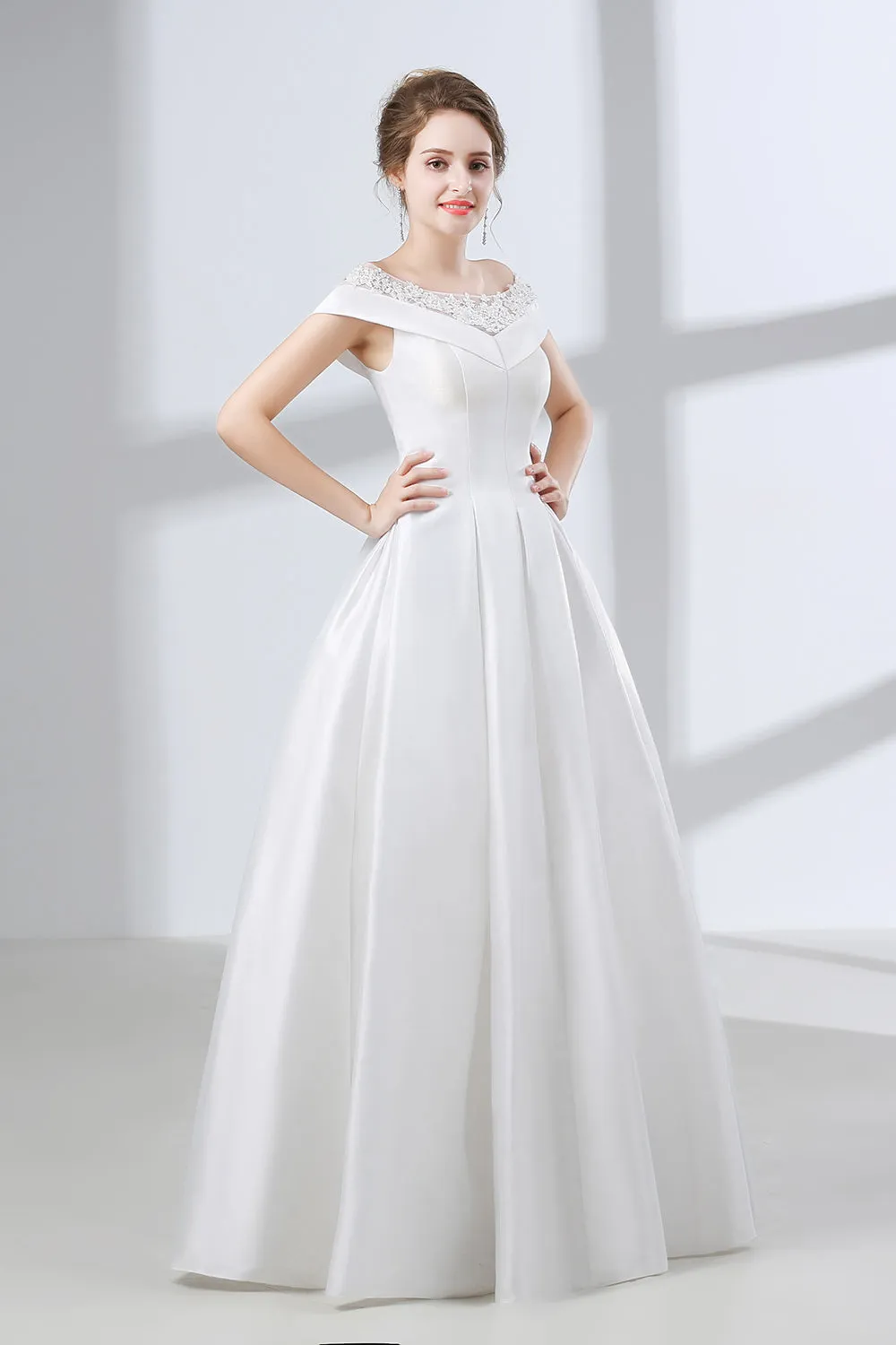 A-Line White Satin Lace Off The Shoulder Wedding Dresses