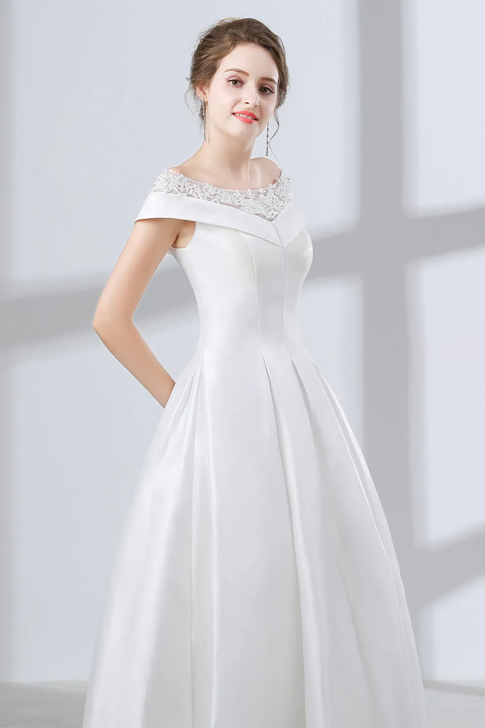 A-Line White Satin Lace Off The Shoulder Wedding Dresses