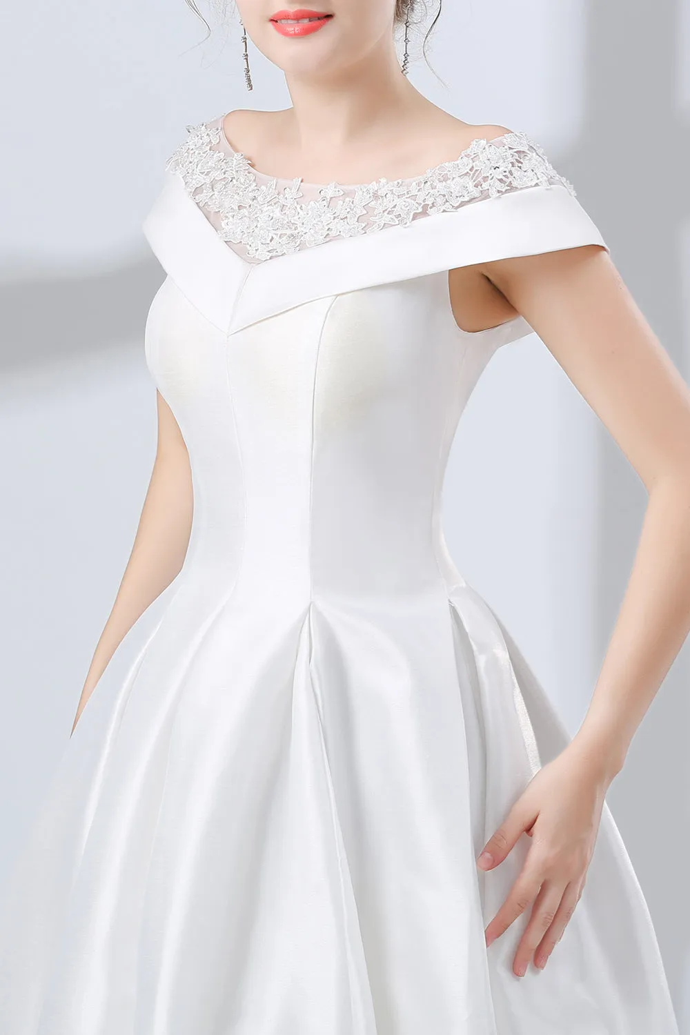 A-Line White Satin Lace Off The Shoulder Wedding Dresses