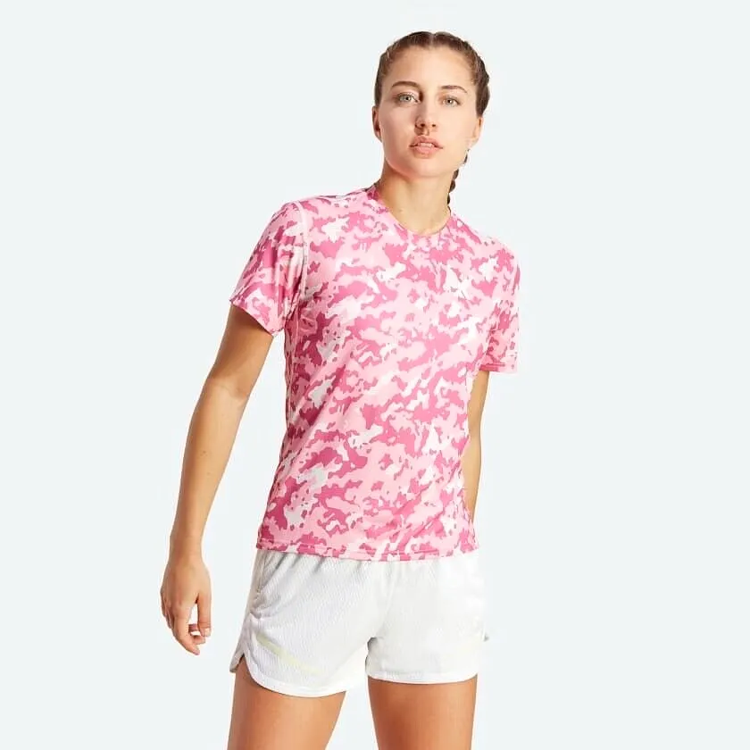 adidas Own The Run Womens Camo Running T-Shirt Blue Pink Ladies Fitness Top