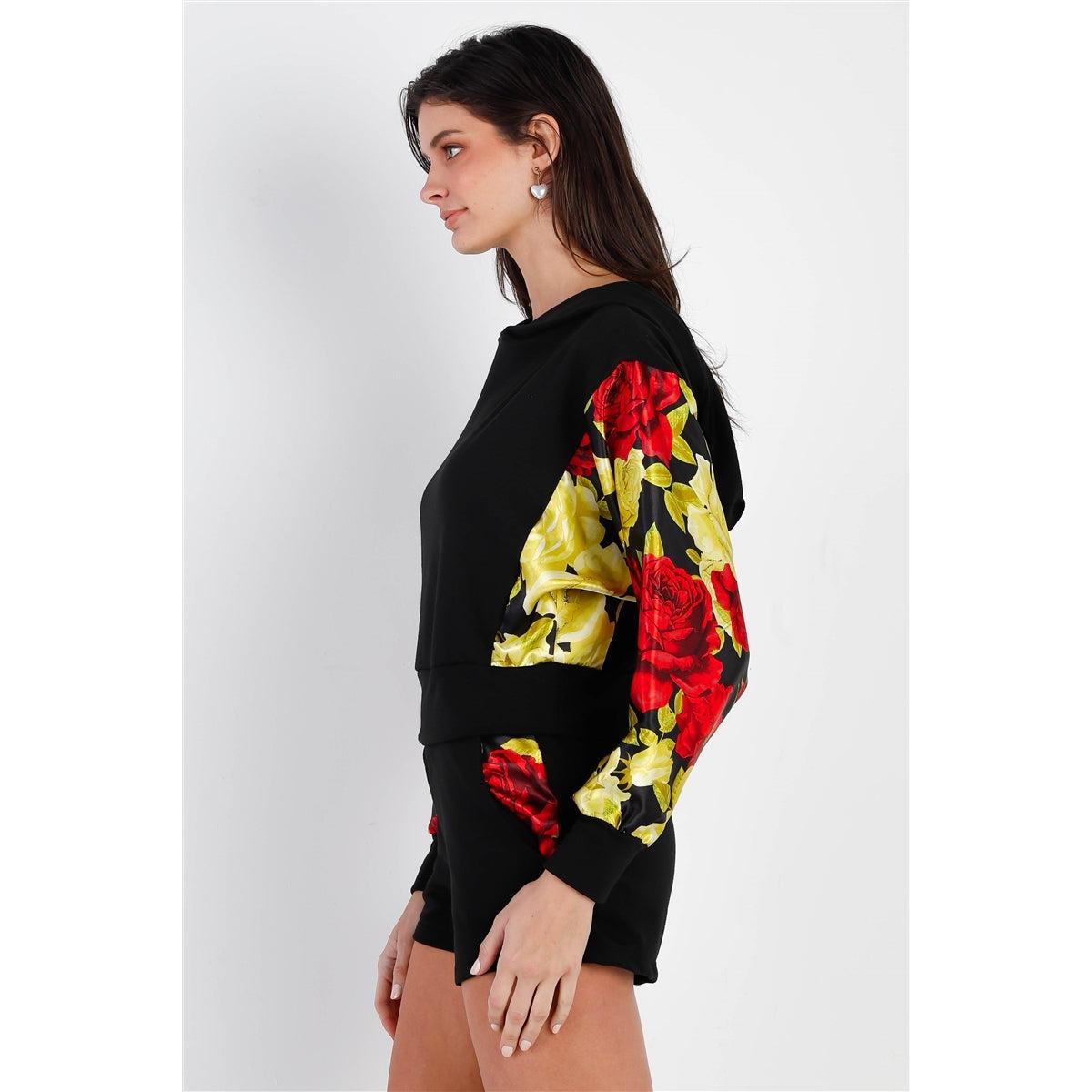 Black & Satin Effect Red & Lime Floral Print Hooded Top & Short Set