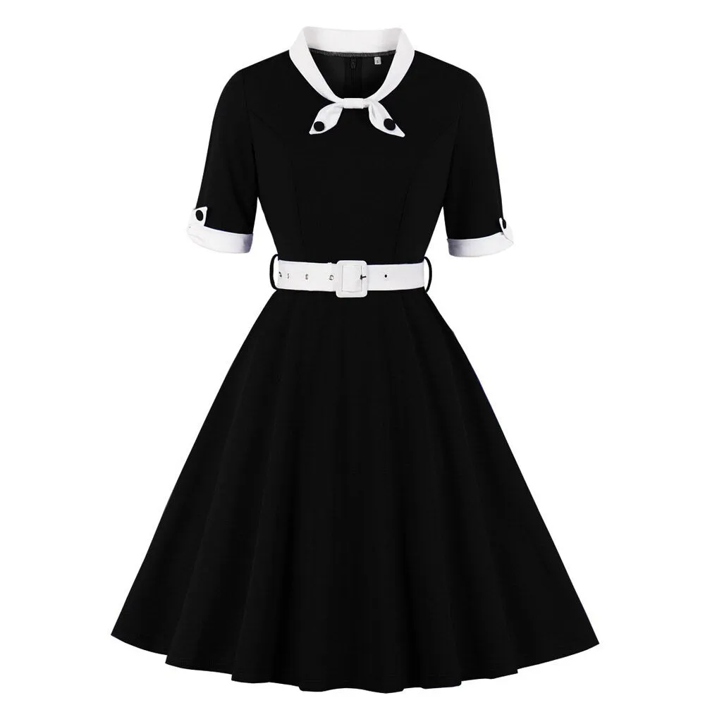 Black And White Women Half Sleeve Patchwork Robe Pin Up Swing Office Ladies Dresses