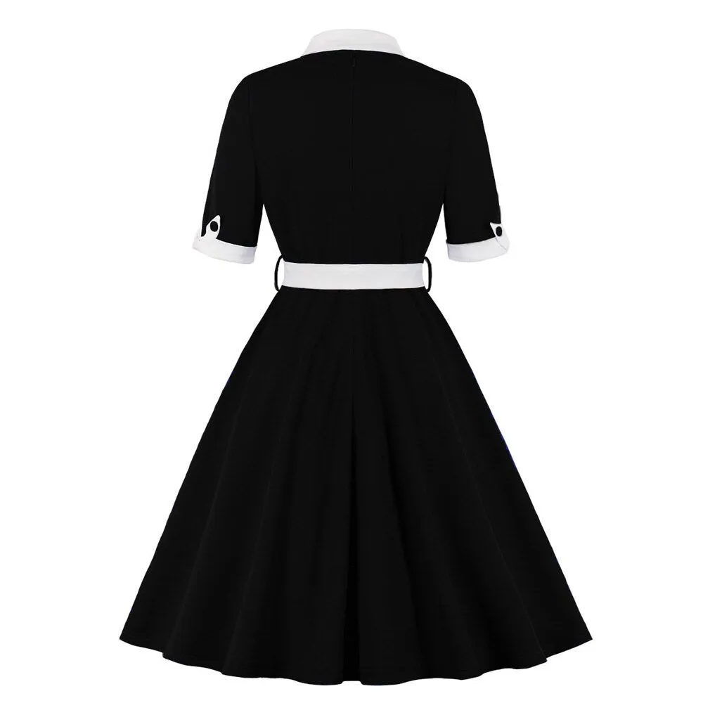 Black And White Women Half Sleeve Patchwork Robe Pin Up Swing Office Ladies Dresses