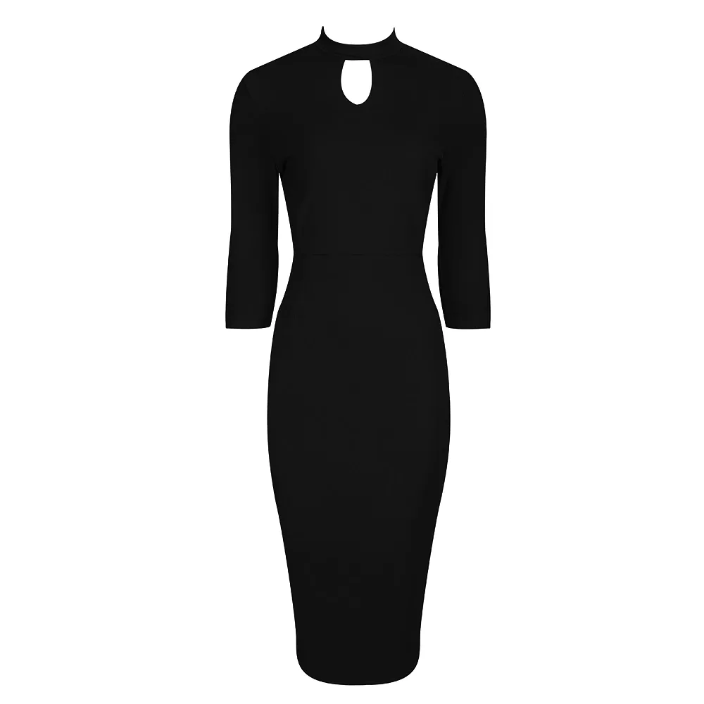 Black High Neck 3/4 Sleeve Choker Bodycon Pencil Dress