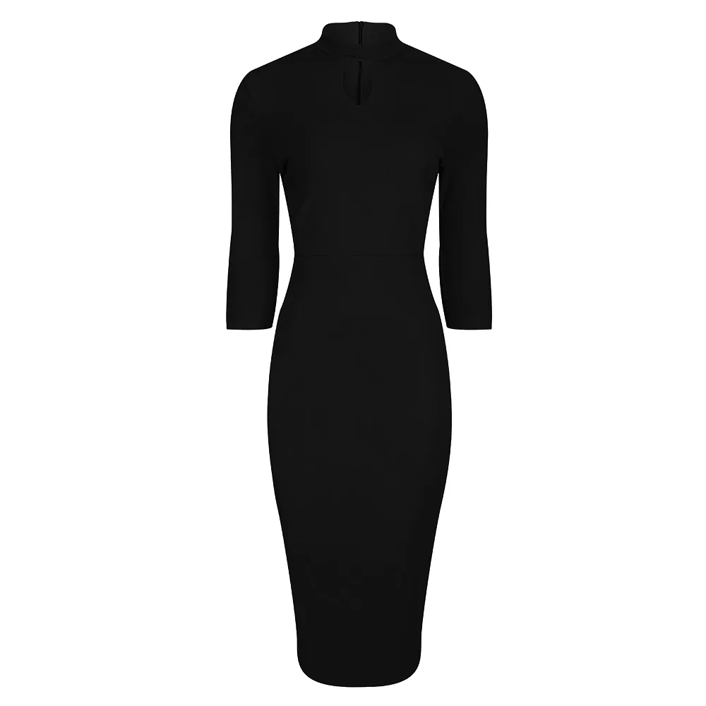 Black High Neck 3/4 Sleeve Choker Bodycon Pencil Dress