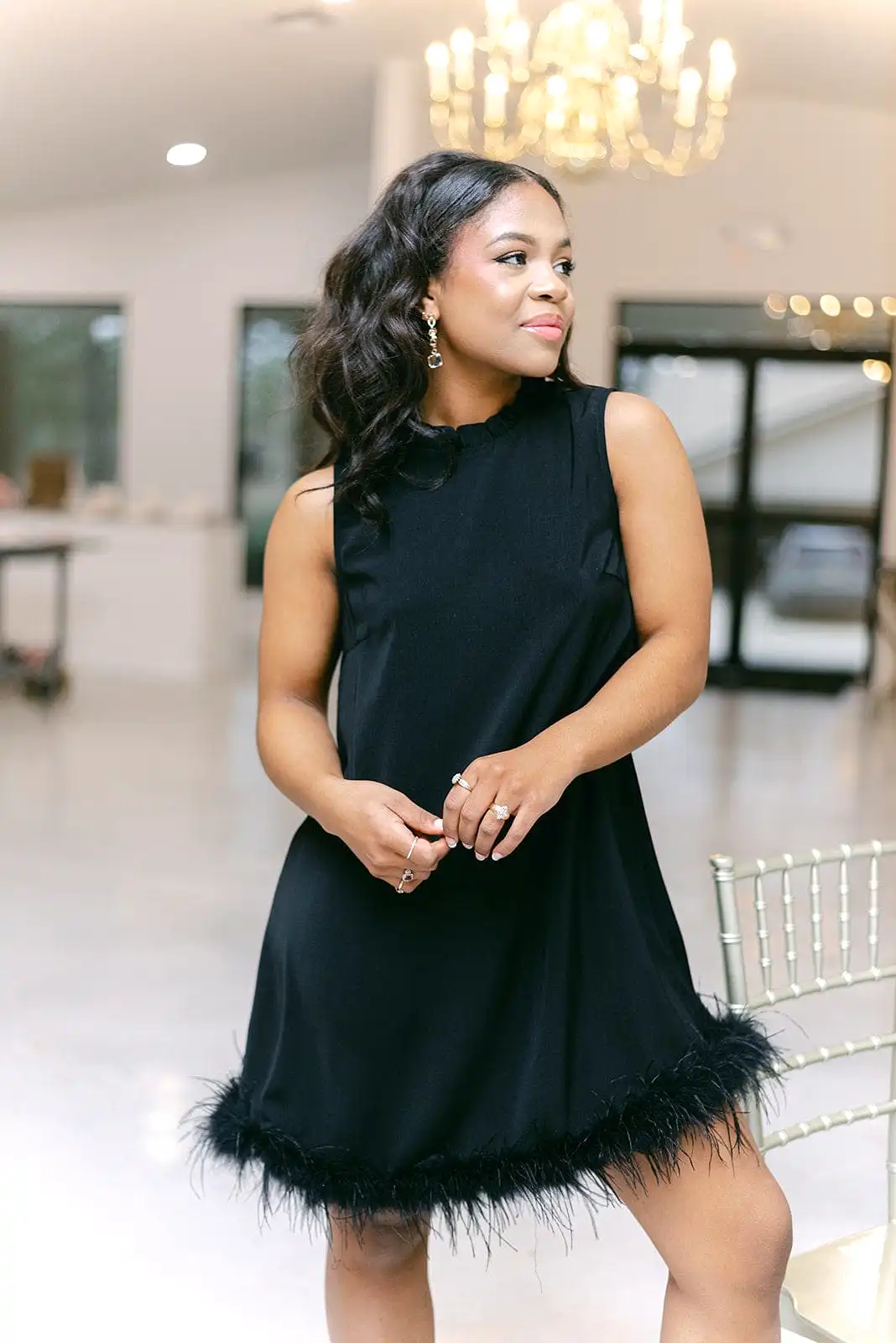 Black High Neck Feather Hem Dress