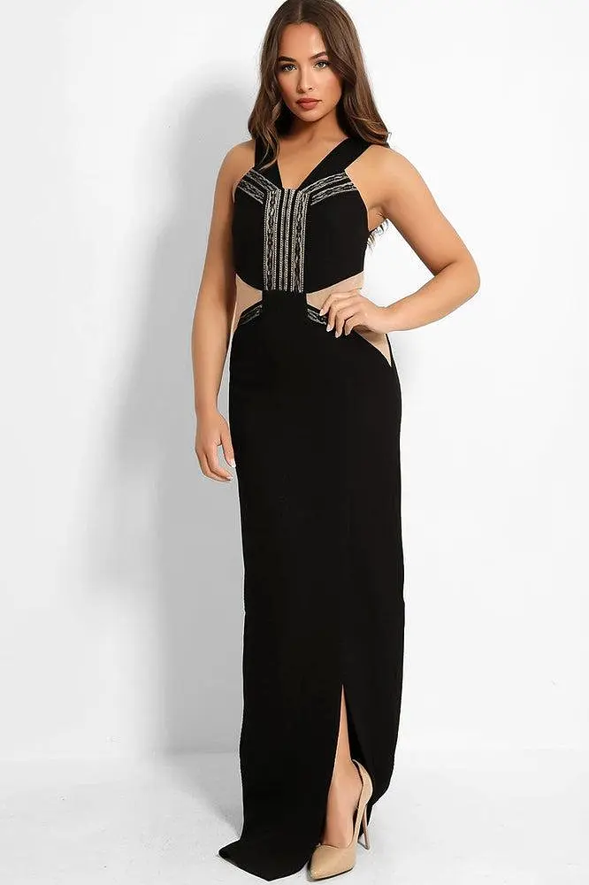 Black Nude Illusion Waist Maxi Dress