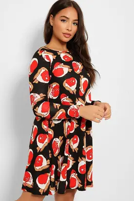 Black Red Robin Print Christmas Dress