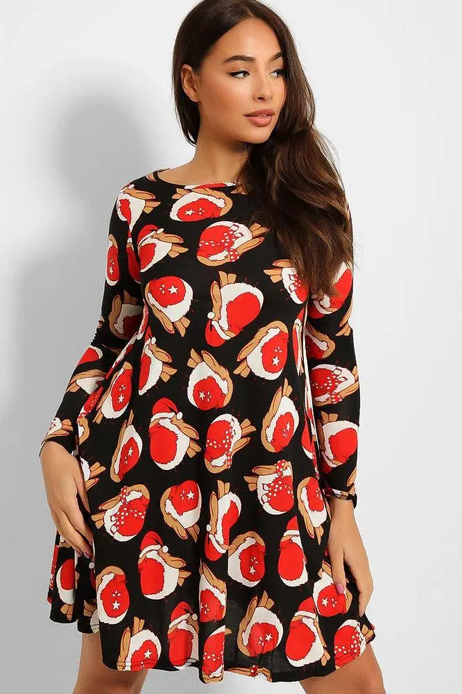 Black Red Robin Print Christmas Dress