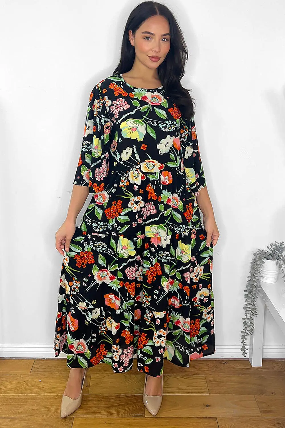 Black Spring Floral Print Maxi Dress