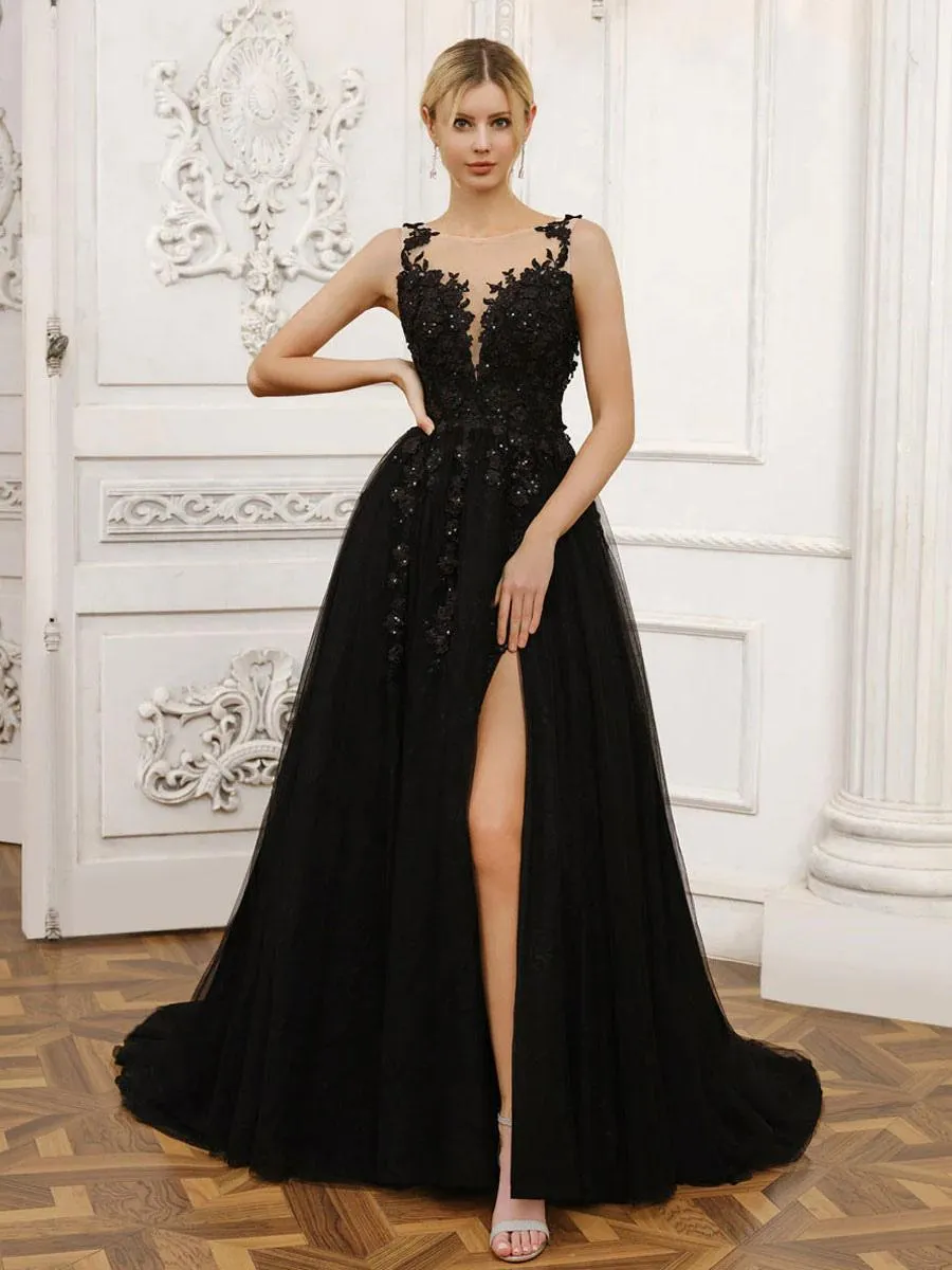 Black Wedding Dresses Lace A-Line Sleeveless With Train Bridal Dress Free Customization