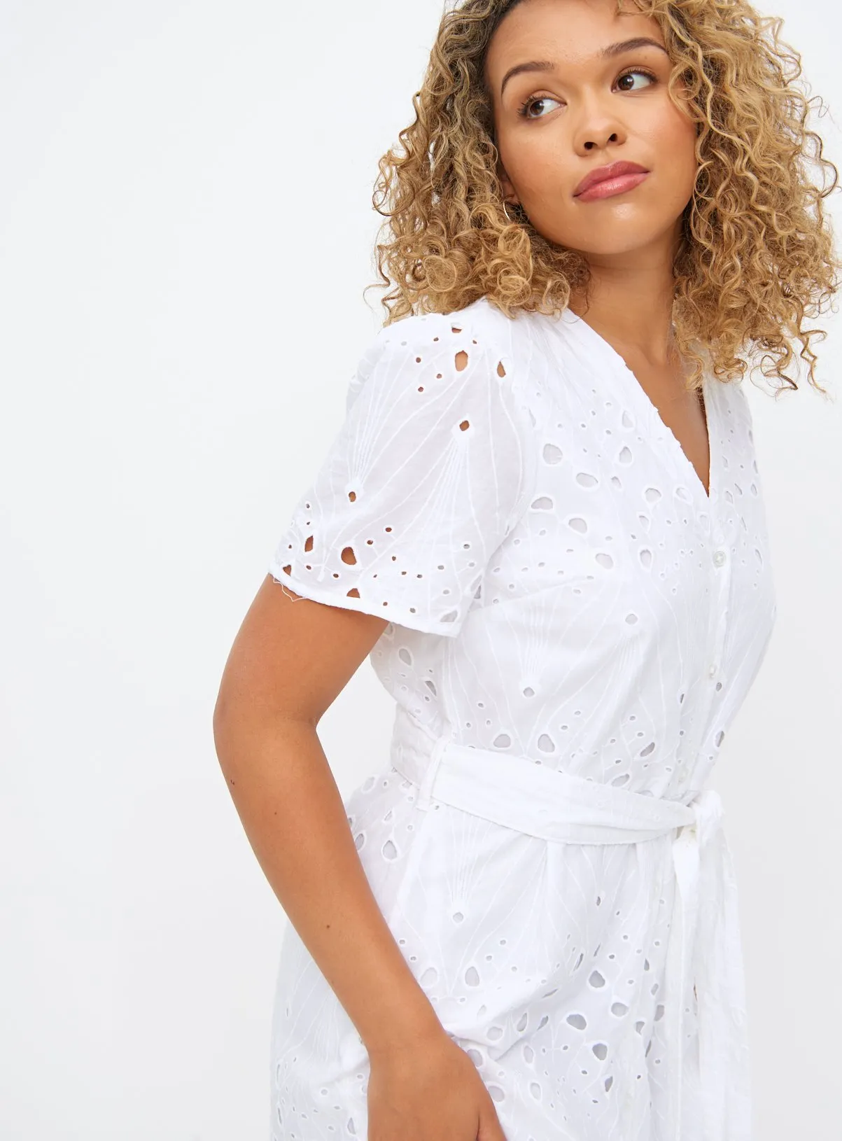 Buy White V-Neck Broderie Short Sleeve Midi Shirt Dress 18 | Dresses | Tu