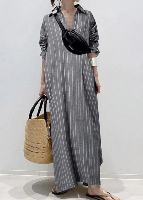 Casual White Peter Pan Collar Striped Maxi Shirts Dresses Long Sleeve