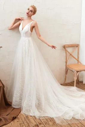 Chic Deep V-Neck White Tulle Princess Open Back Wedding Dresses with Court Train