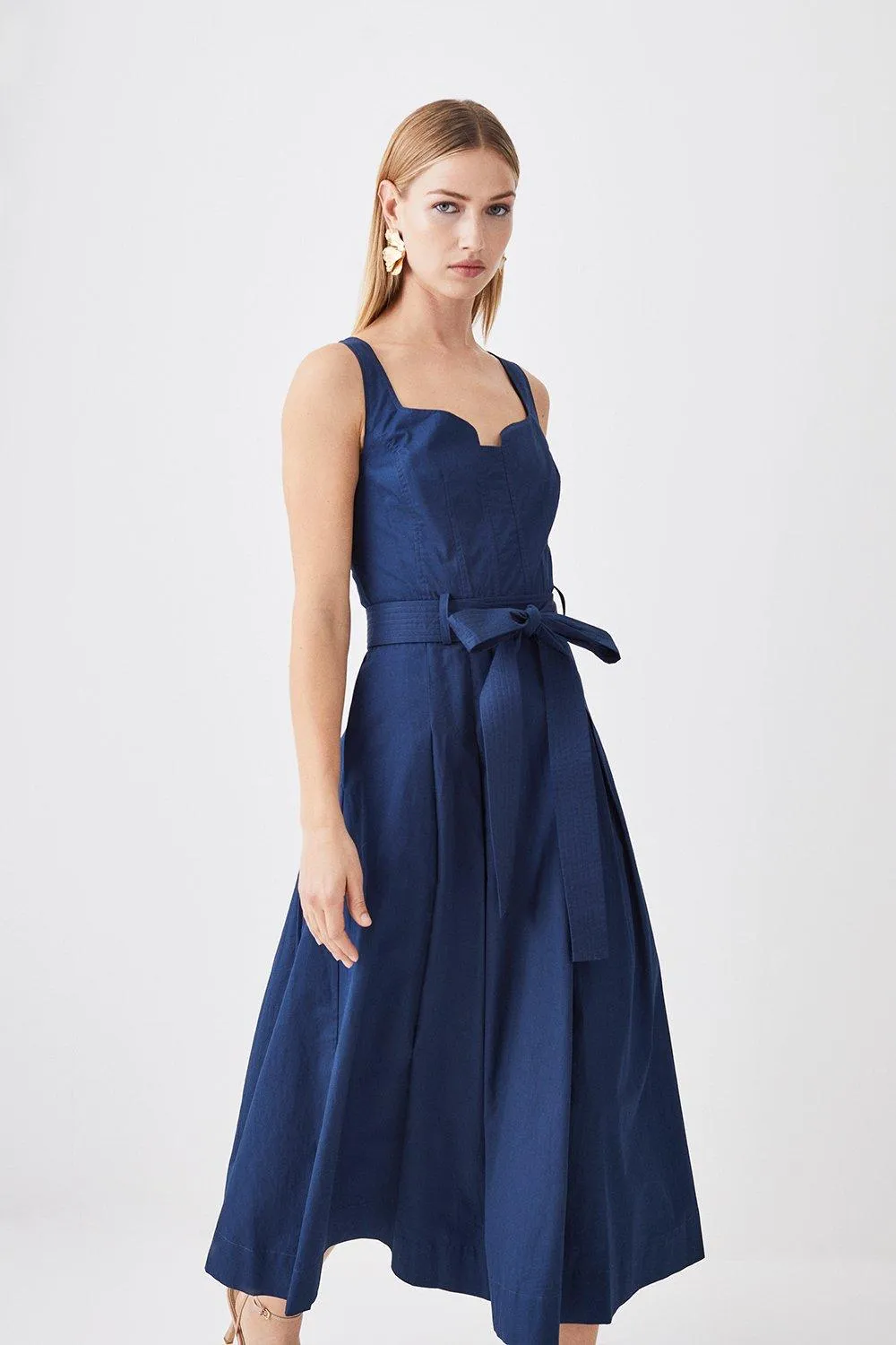 Cotton Sateen Strappy Belted Full Midi Dress | Karen Millen