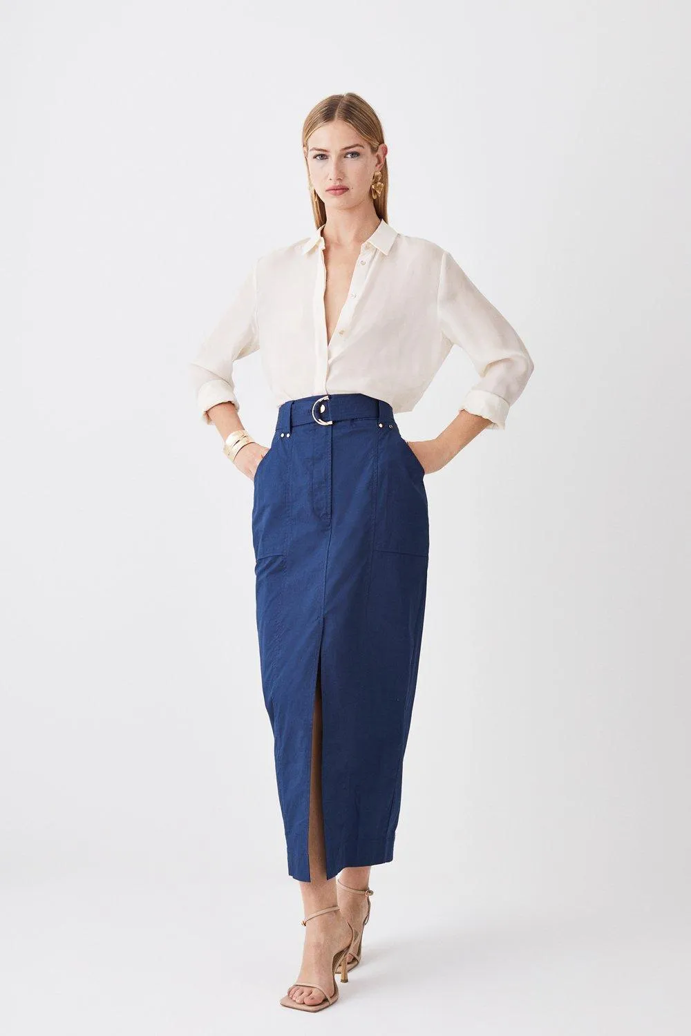 Cotton Sateen Utility Belted Column Maxi Skirt | Karen Millen