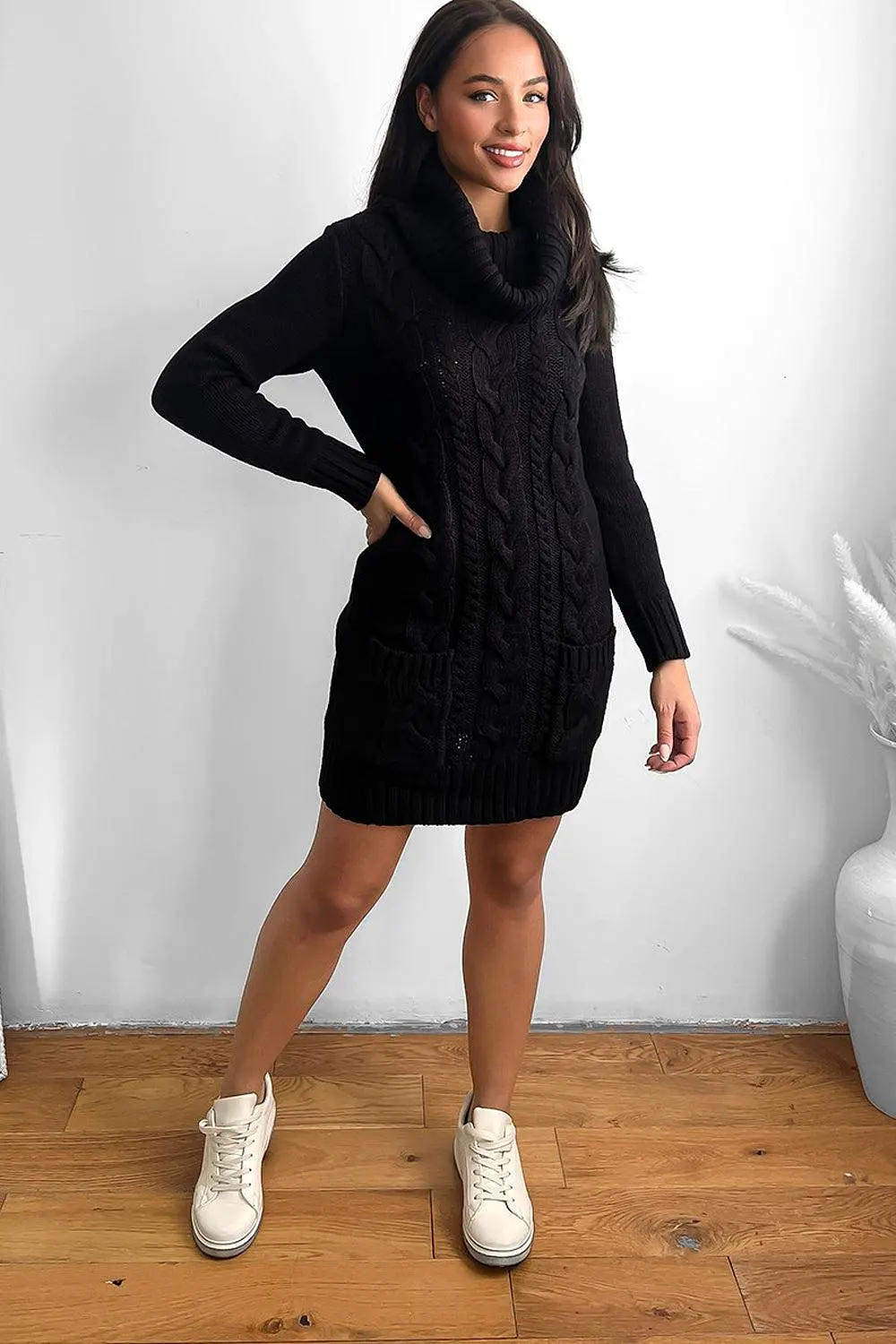 Cowl Neck Pocketed Knitted Dress