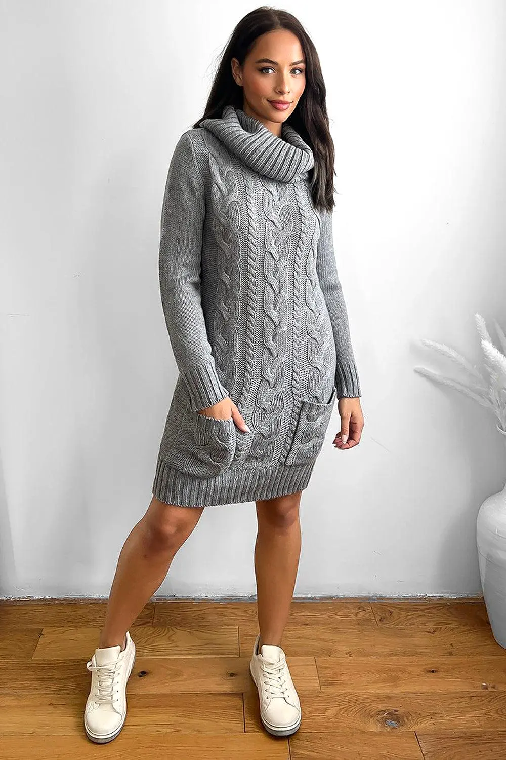 Cowl Neck Pocketed Knitted Dress