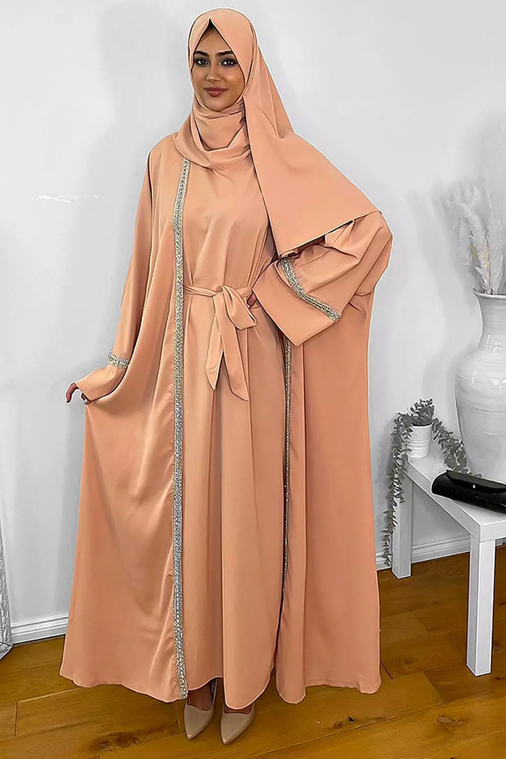 Crystals Embellished Trims Kaftan with Abaya and Hijab Modest Set