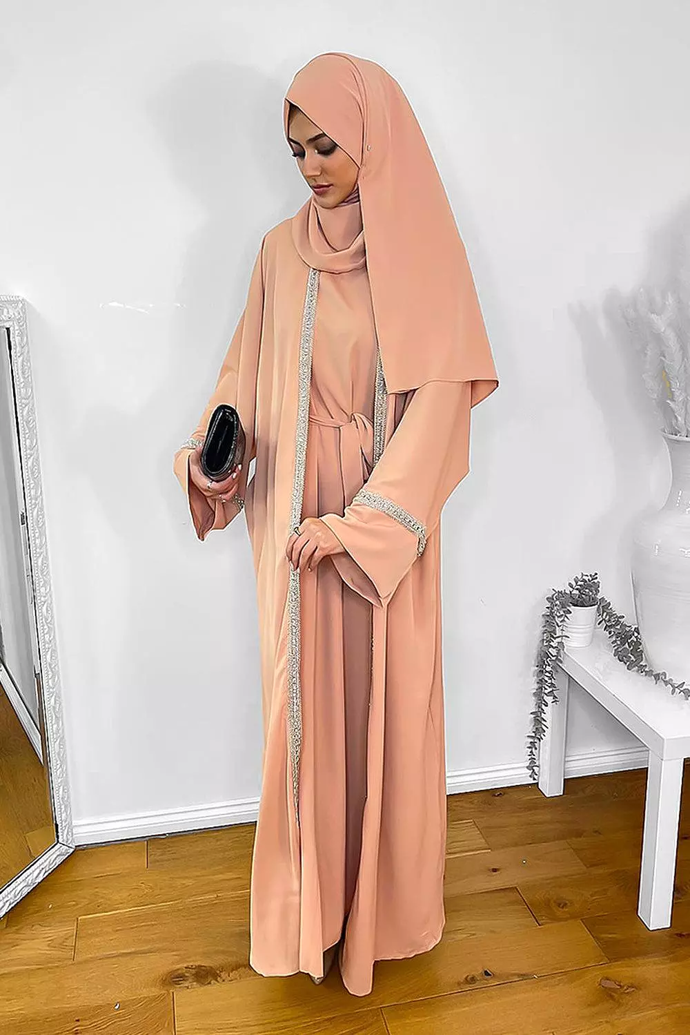 Crystals Embellished Trims Kaftan with Abaya and Hijab Modest Set