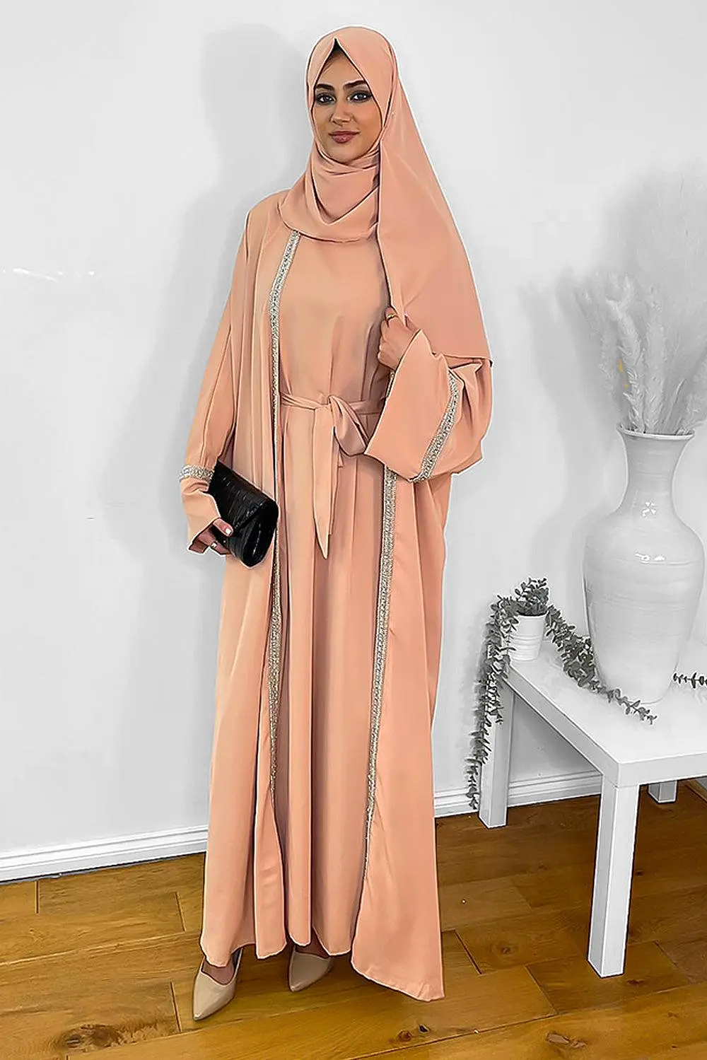 Crystals Embellished Trims Kaftan with Abaya and Hijab Modest Set