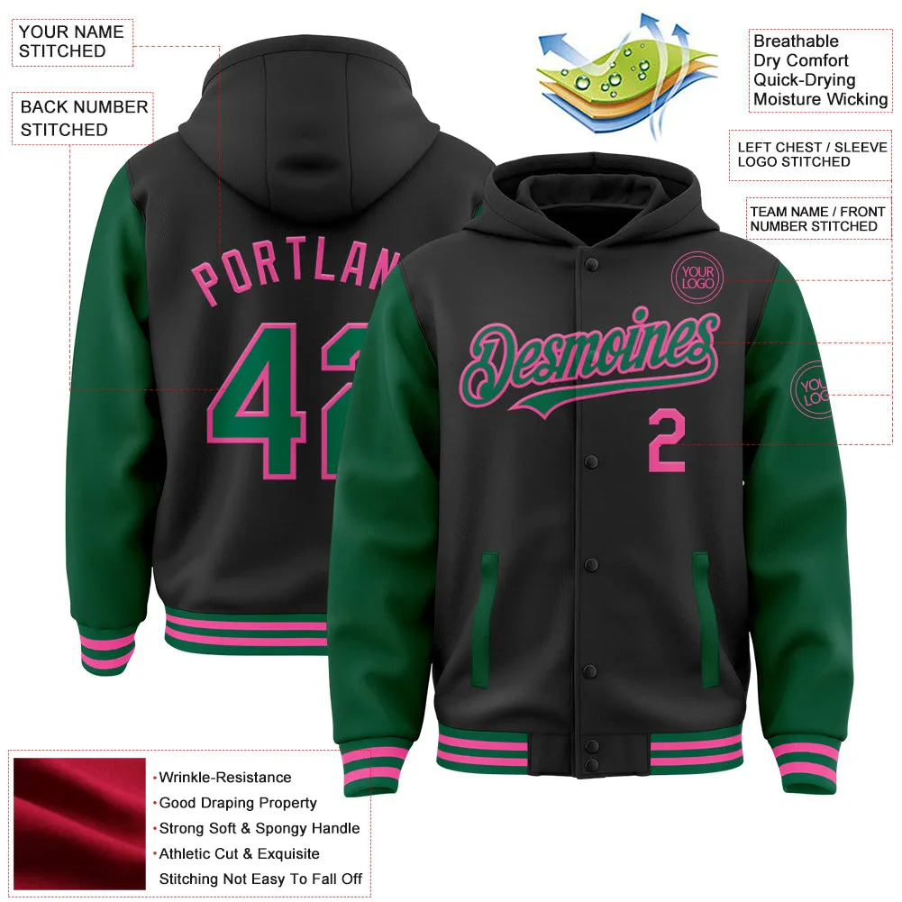 Custom Black Kelly Green-Pink Bomber Full-Snap Varsity Letterman Two Tone Hoodie Jacket