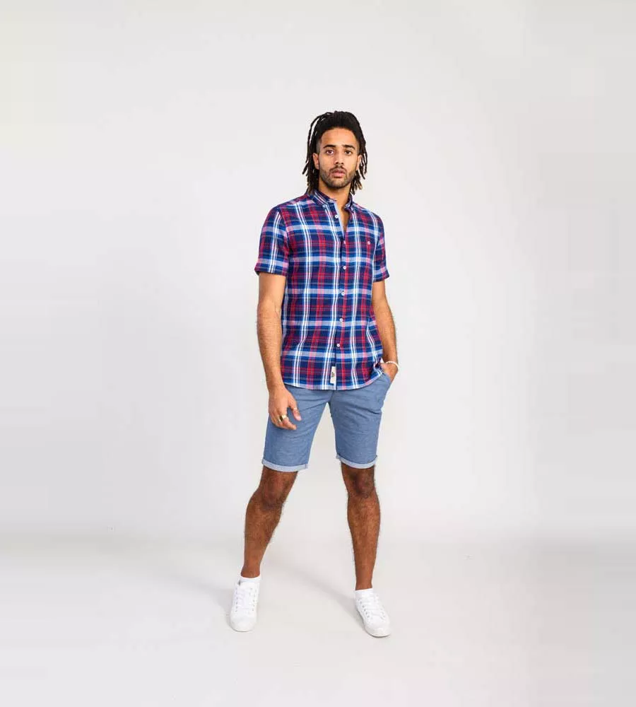 D555 Mens Blue/Red Short Sleeve Check Shirt (PORTLAND)