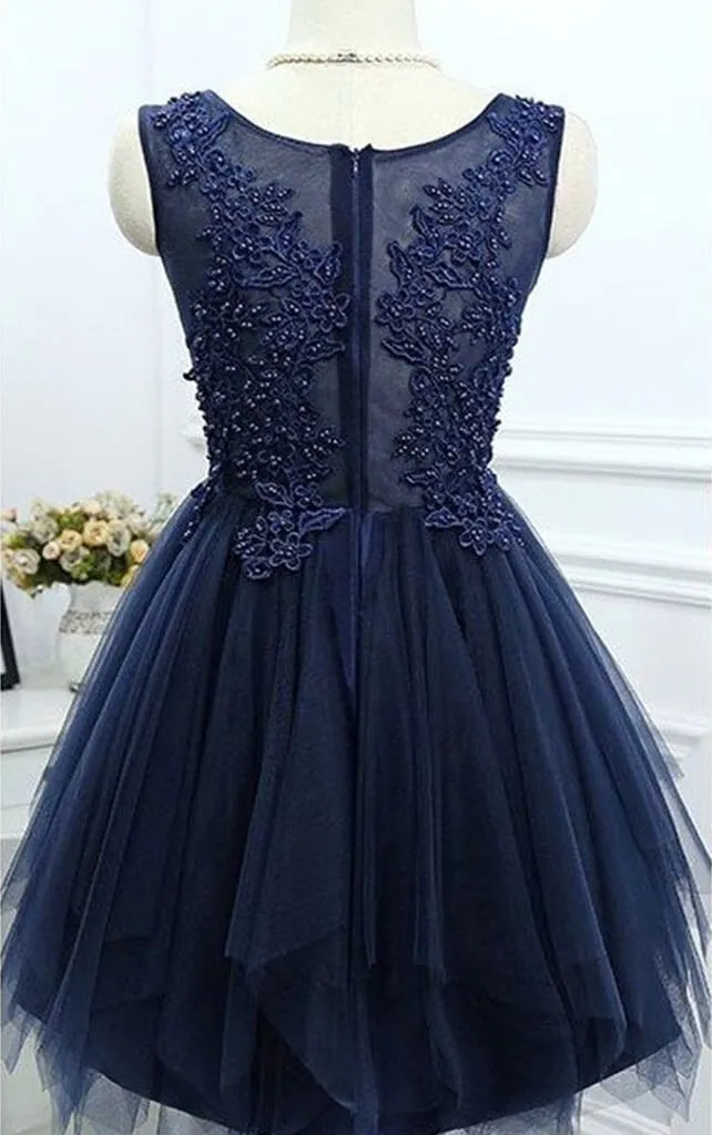 Dark Navy Jewel Sleeveless Homecoming Dresses,Appliques Beading A Line Tulle Semi Formal Dress