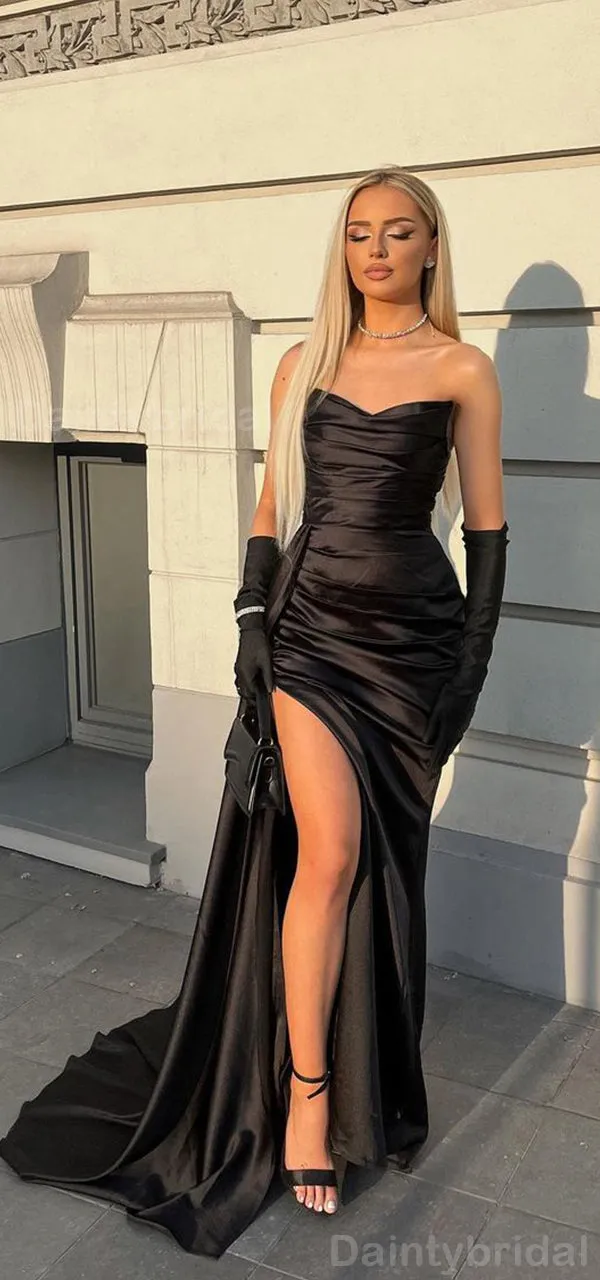 Elegant V-neck Mermaid Satin Side Slit Black Long Bridesmaid Dresses Online, BG776