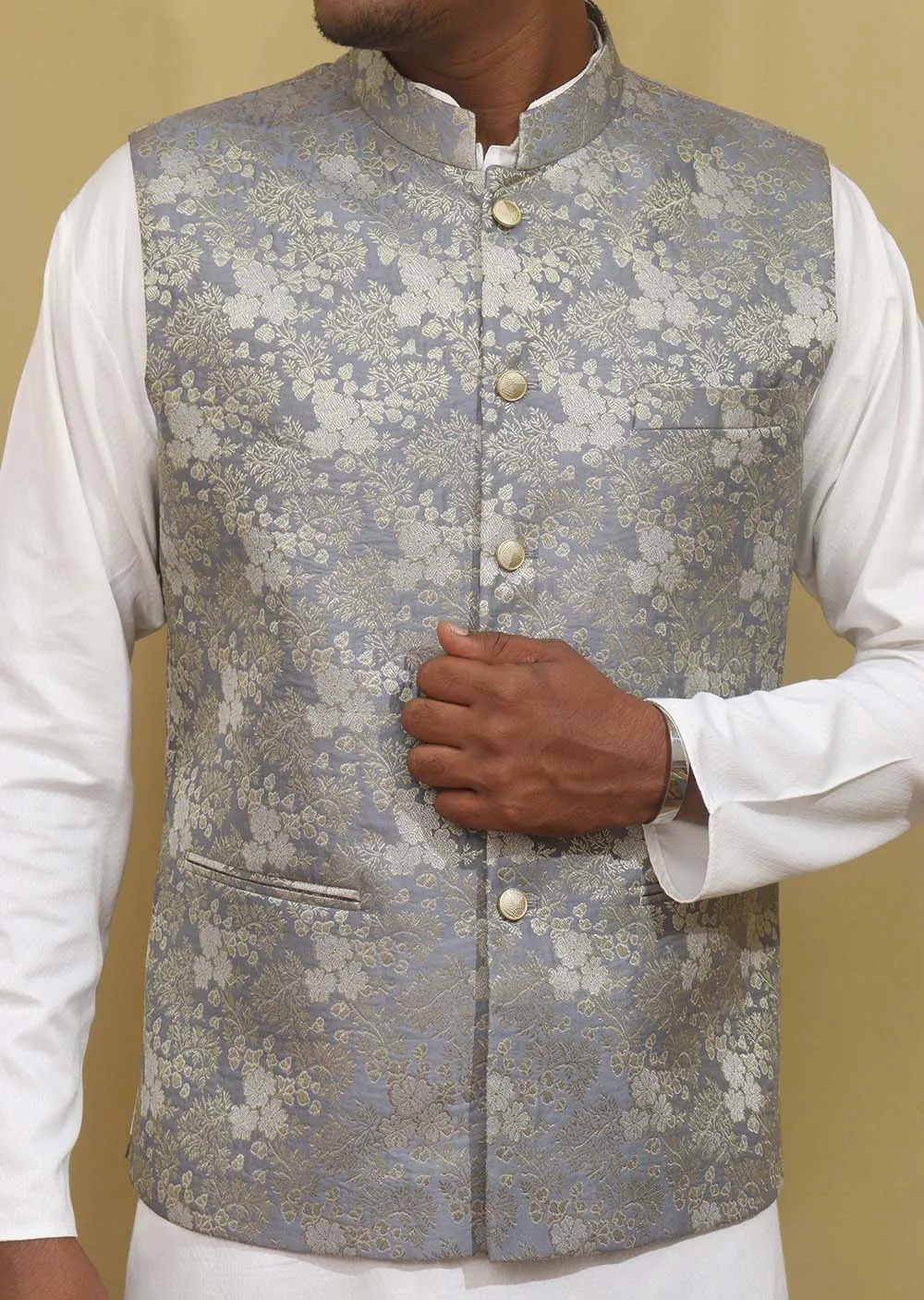 Exquisite Grey Banarasi Brocade Silk Nehru Jacket: Timeless Elegance