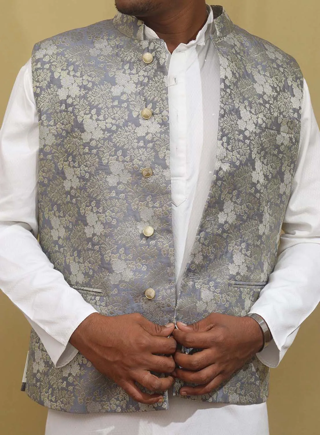 Exquisite Grey Banarasi Brocade Silk Nehru Jacket: Timeless Elegance