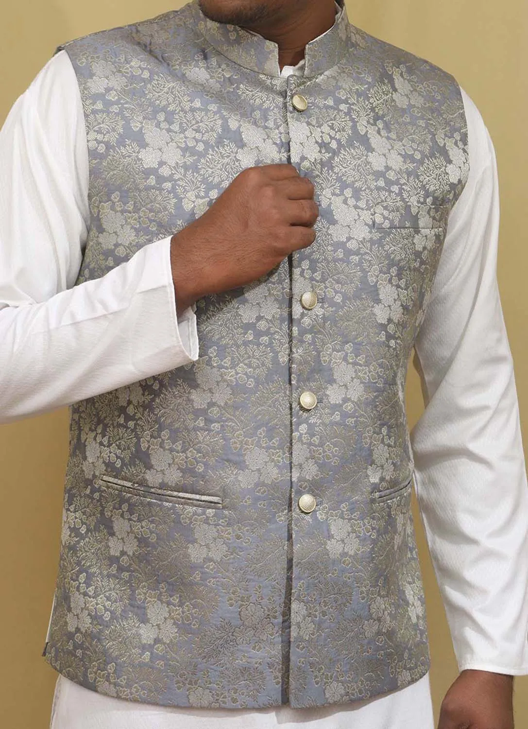 Exquisite Grey Banarasi Brocade Silk Nehru Jacket: Timeless Elegance