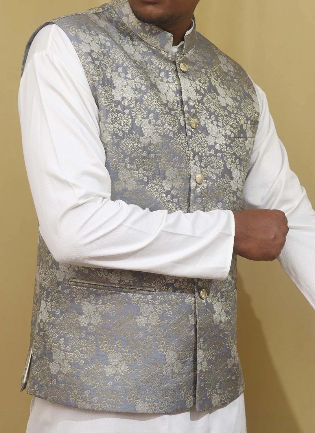 Exquisite Grey Banarasi Brocade Silk Nehru Jacket: Timeless Elegance