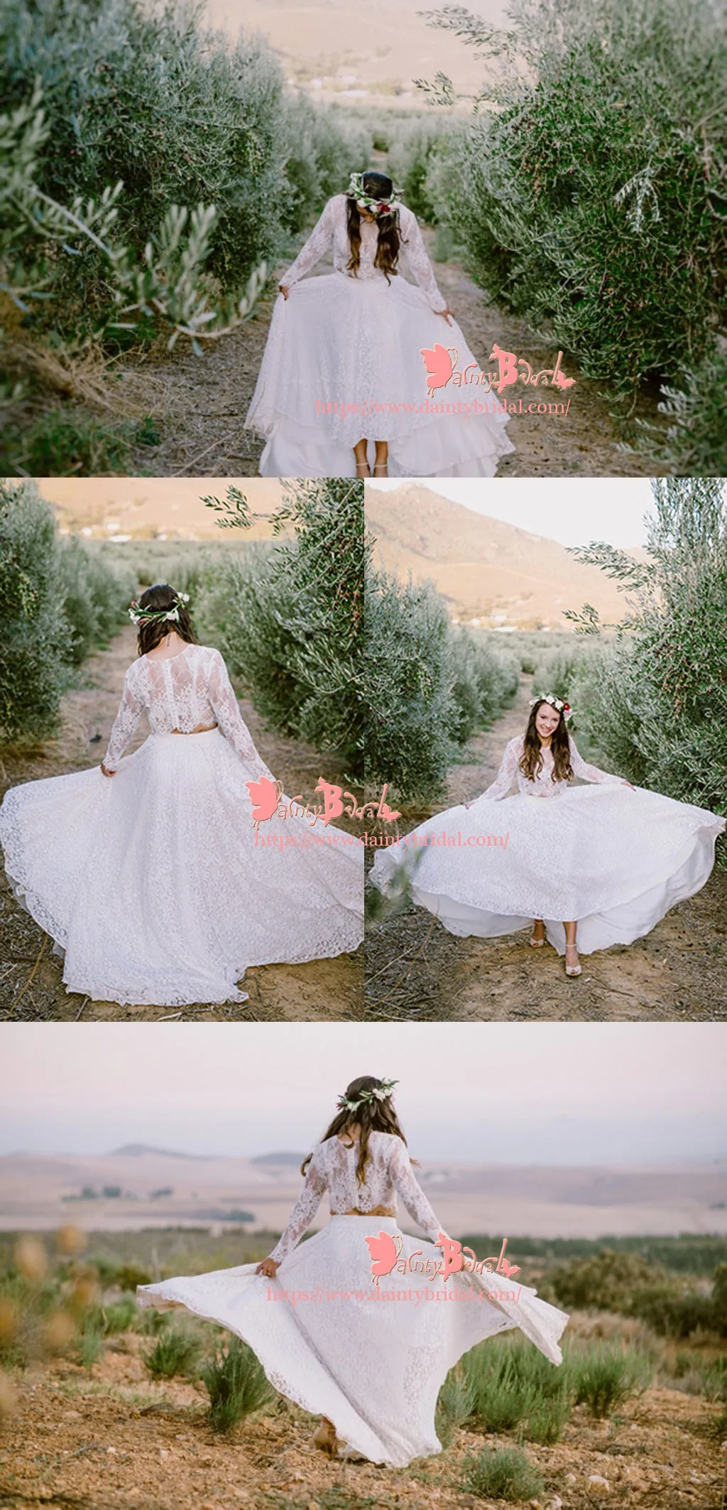 Fashion Country Two Pieces Long Sleeve A-line See-through White  Lace  Wedding Dresses,DB0109