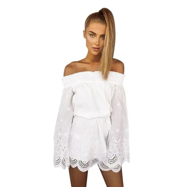 Fashion  Women Off Shoulder Hollow Out White Ladies Dress Beach Long Sleeve Slash Neck Lace Mini Dresses #63 GS