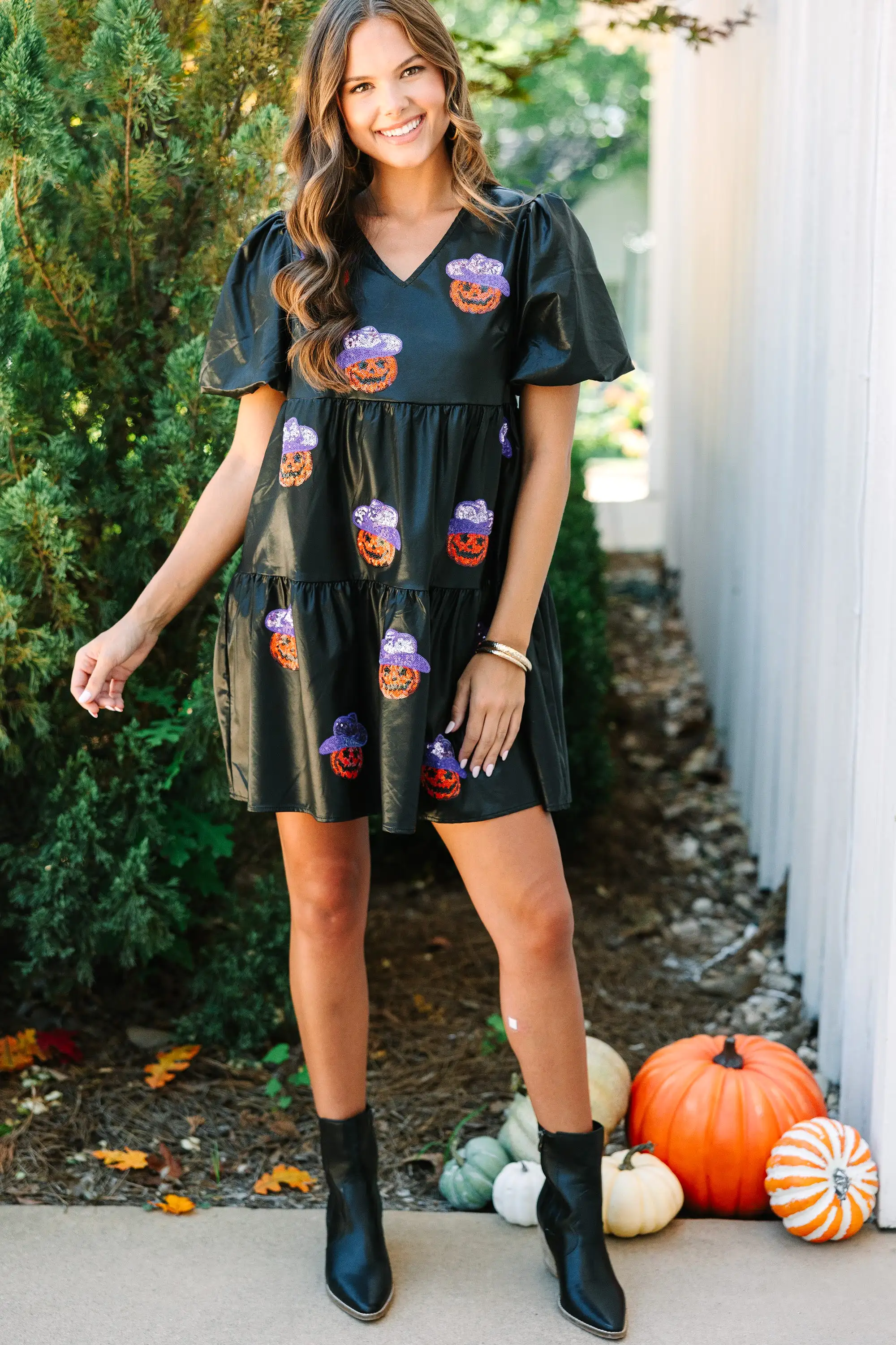 Feels Like Fall Black Pumpkin Babydoll Dress