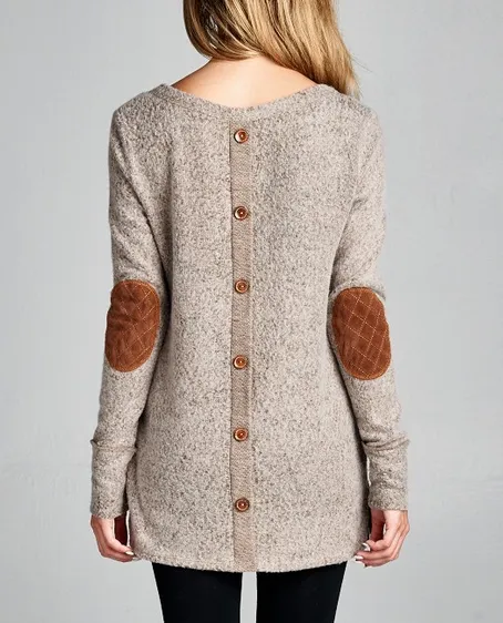 Final Sale - Button Back Long Sleeve French Terry Tunic Top - Mocha