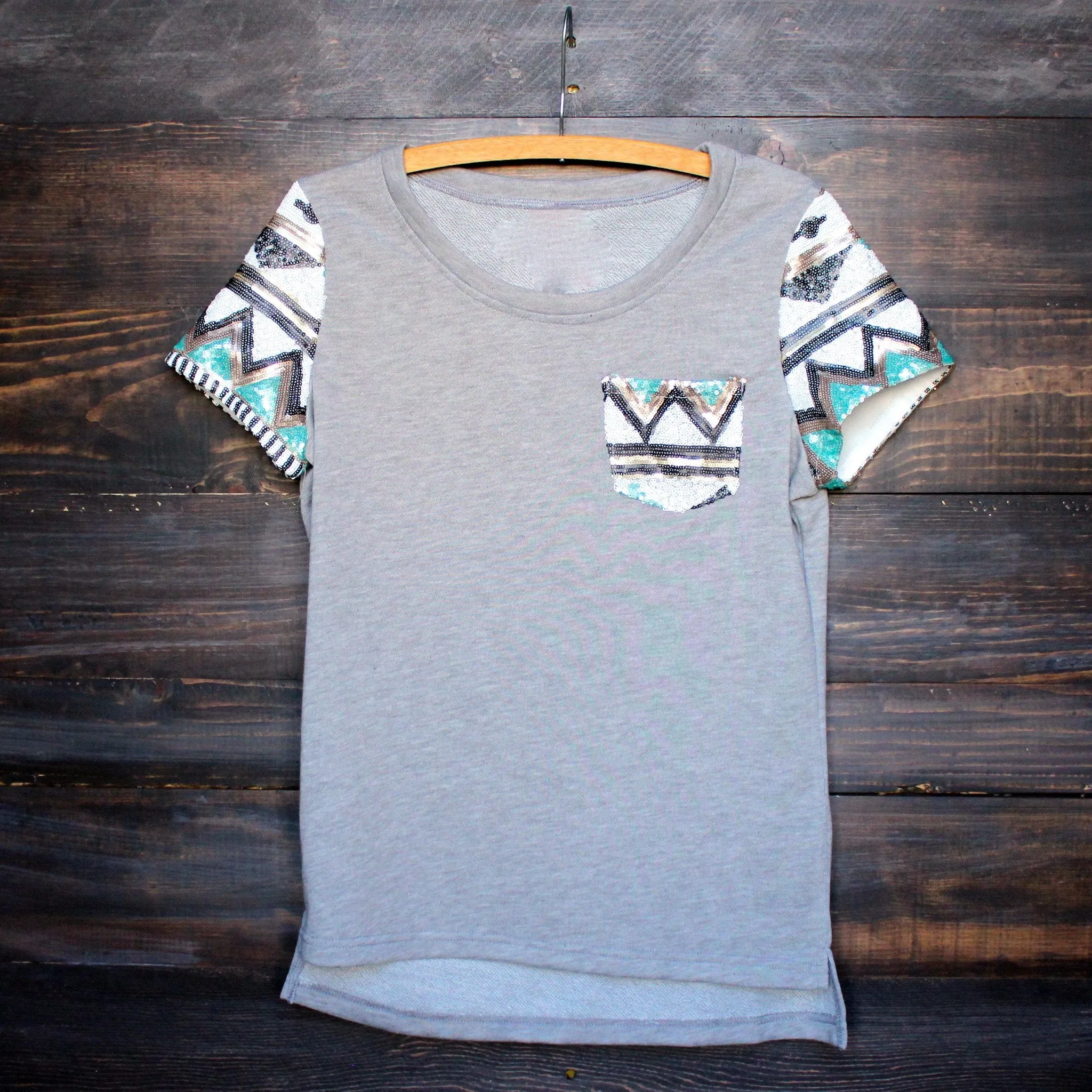 Final Sale - It Girl Aztec Sequin Pocket Short Sleeves French Terry T-Shirt in Grey