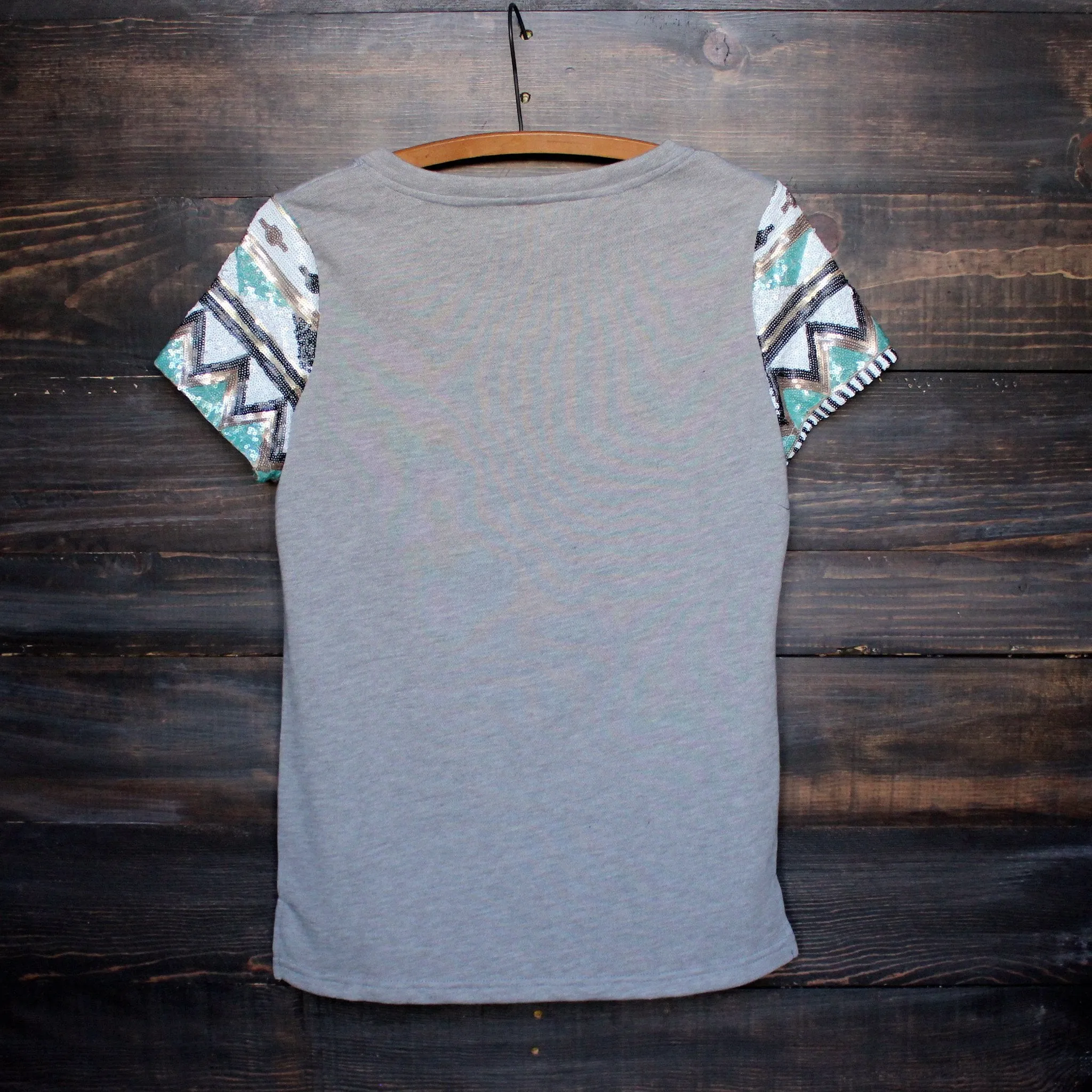 Final Sale - It Girl Aztec Sequin Pocket Short Sleeves French Terry T-Shirt in Grey