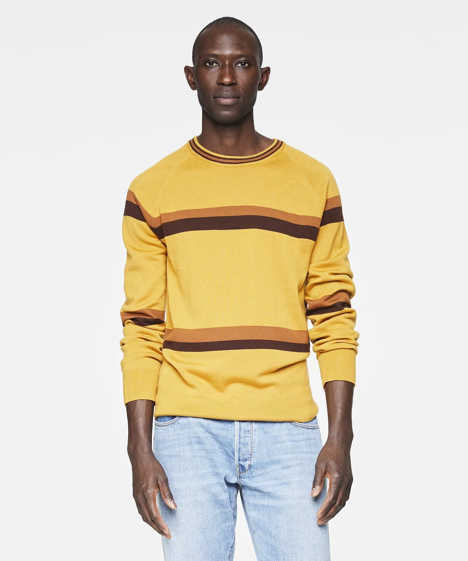 Fine Italian Merino Wool Stripe Crew Sweater in Mustard