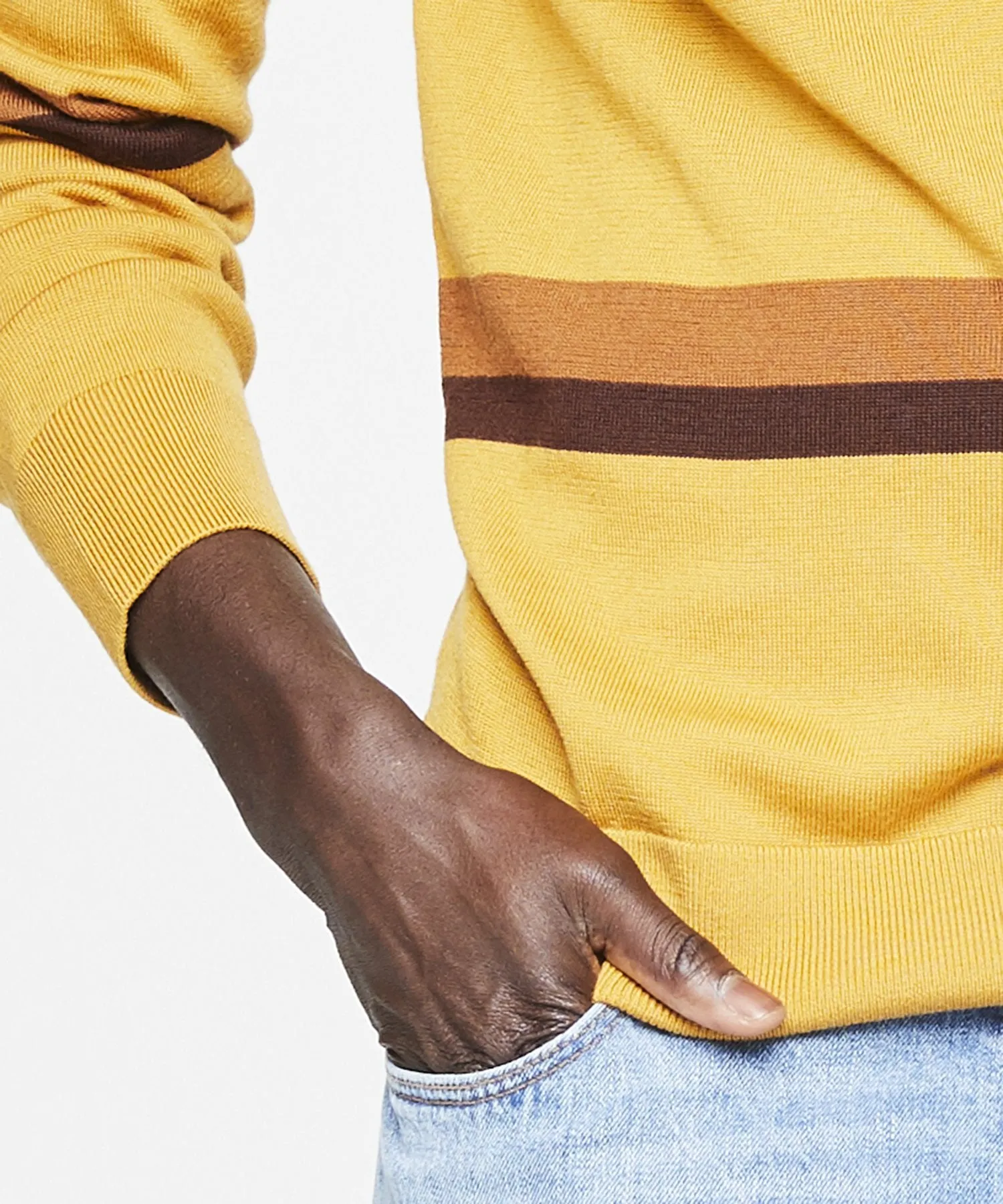 Fine Italian Merino Wool Stripe Crew Sweater in Mustard