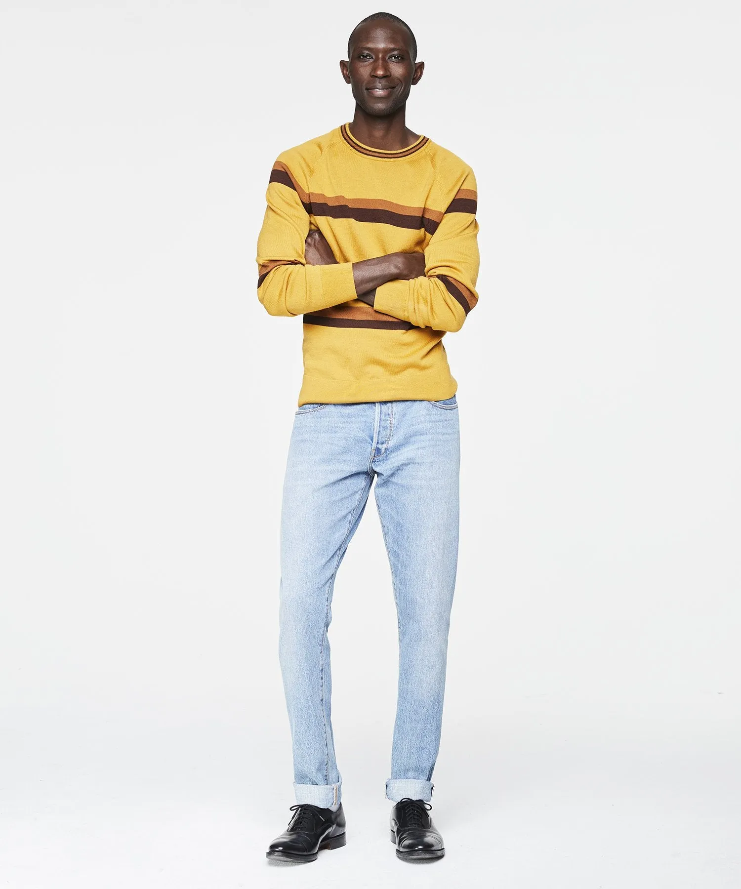 Fine Italian Merino Wool Stripe Crew Sweater in Mustard