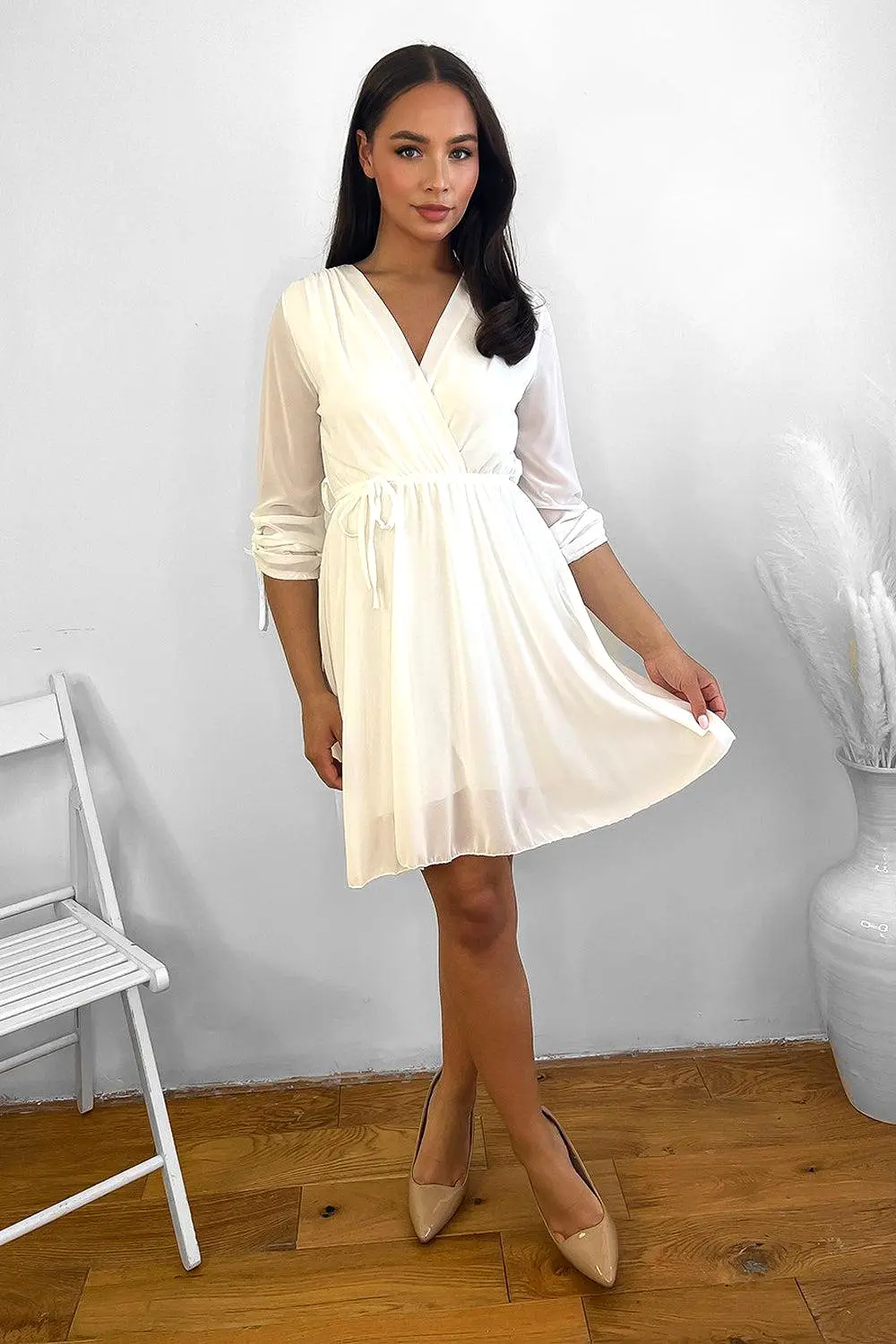 Fixed Wrap Drawstring Sleeves Chiffon Dress