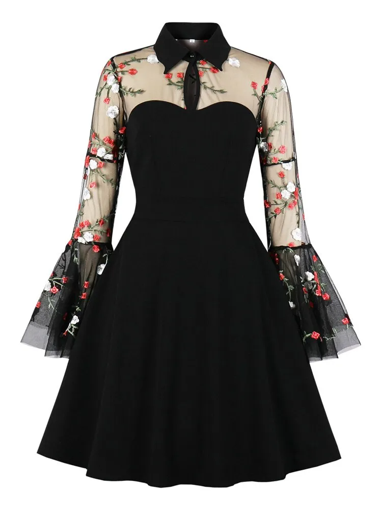 Floral Embroidered Mesh Long Sleeve Elegant Party Vintage Women Turn-Down Collar Keyhole Black A-Line Mini Dresses