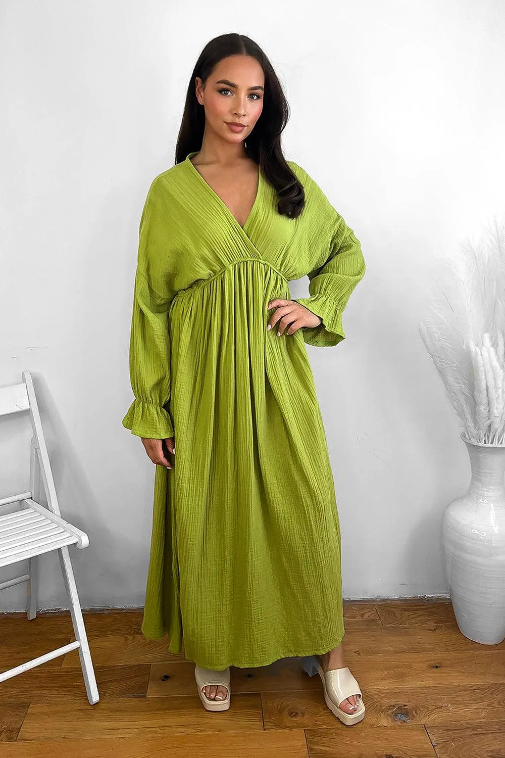 Flute Sleeve Cheesecloth Maxi Dress