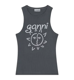 GANNI Black Graphic Rib Sun Tank Top