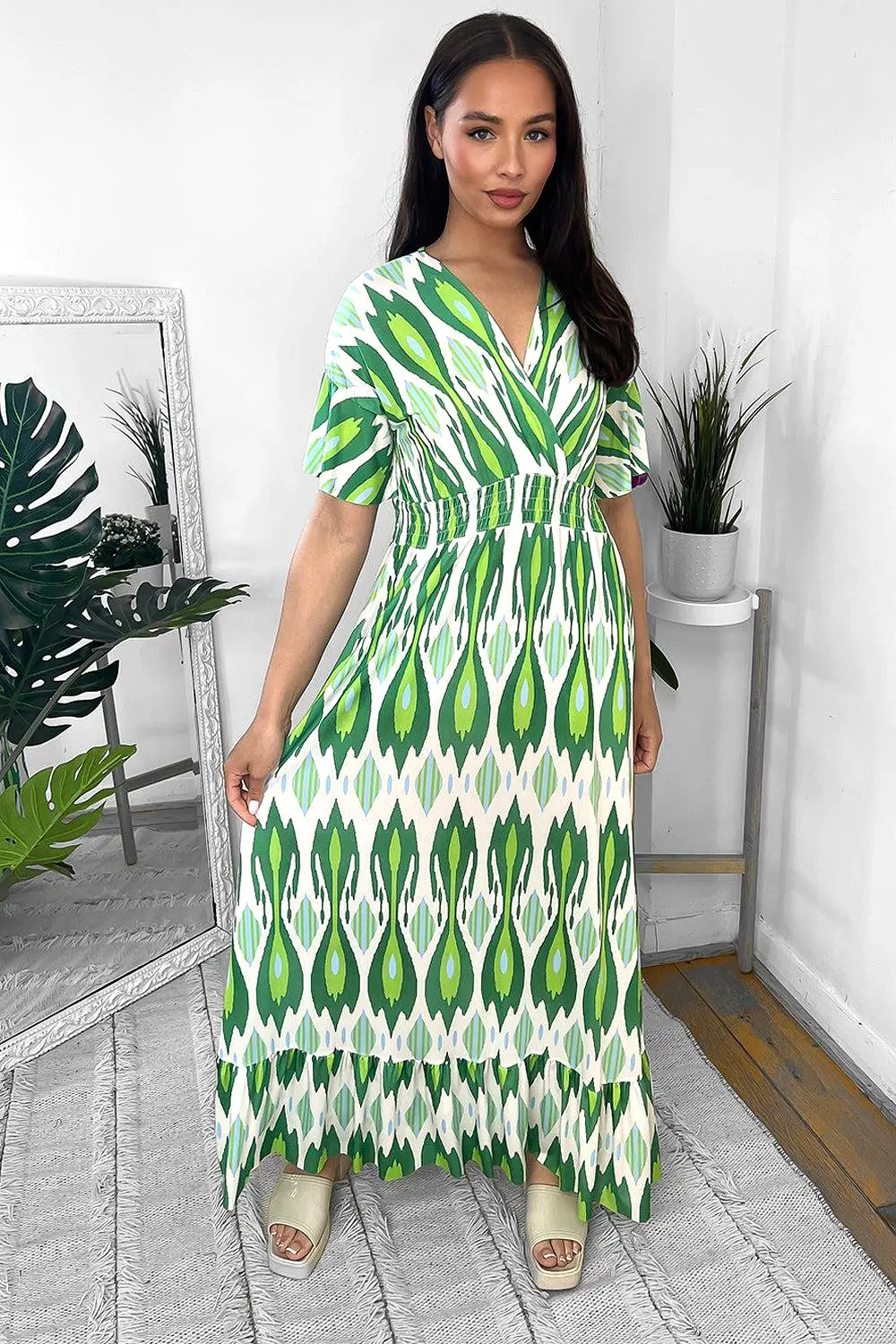 Green And White Kaleidoscope Print Shirred Waist Maxi Dress